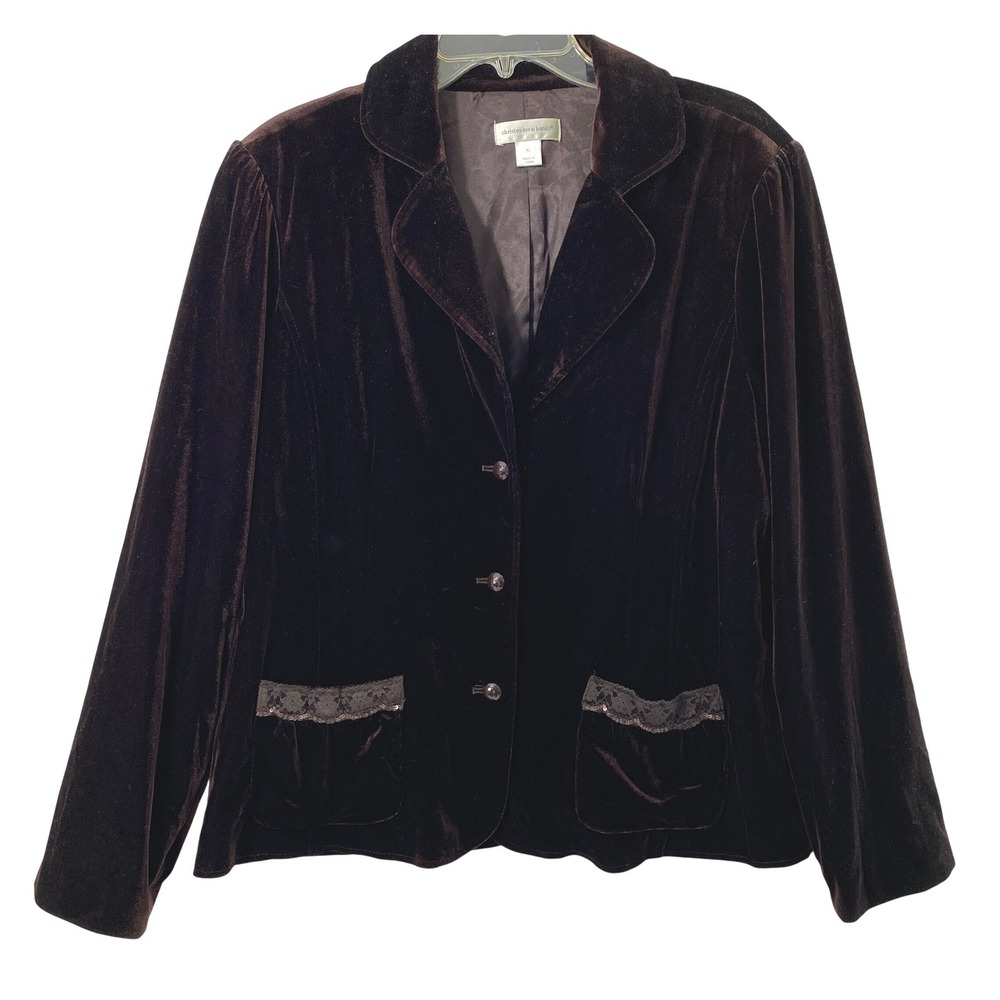 Womens Brown Velvet Blazer Size XL Lace Trim Whimsygoth Button Jacket Victorian